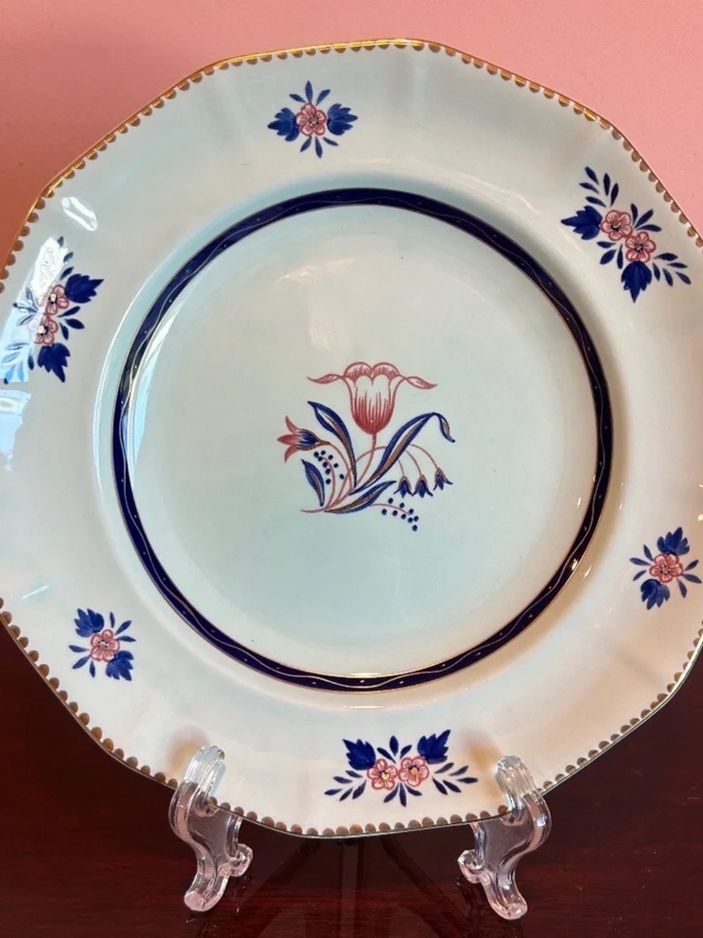 Hand-Painted Floral Porcelain Plate in Blue and Pink